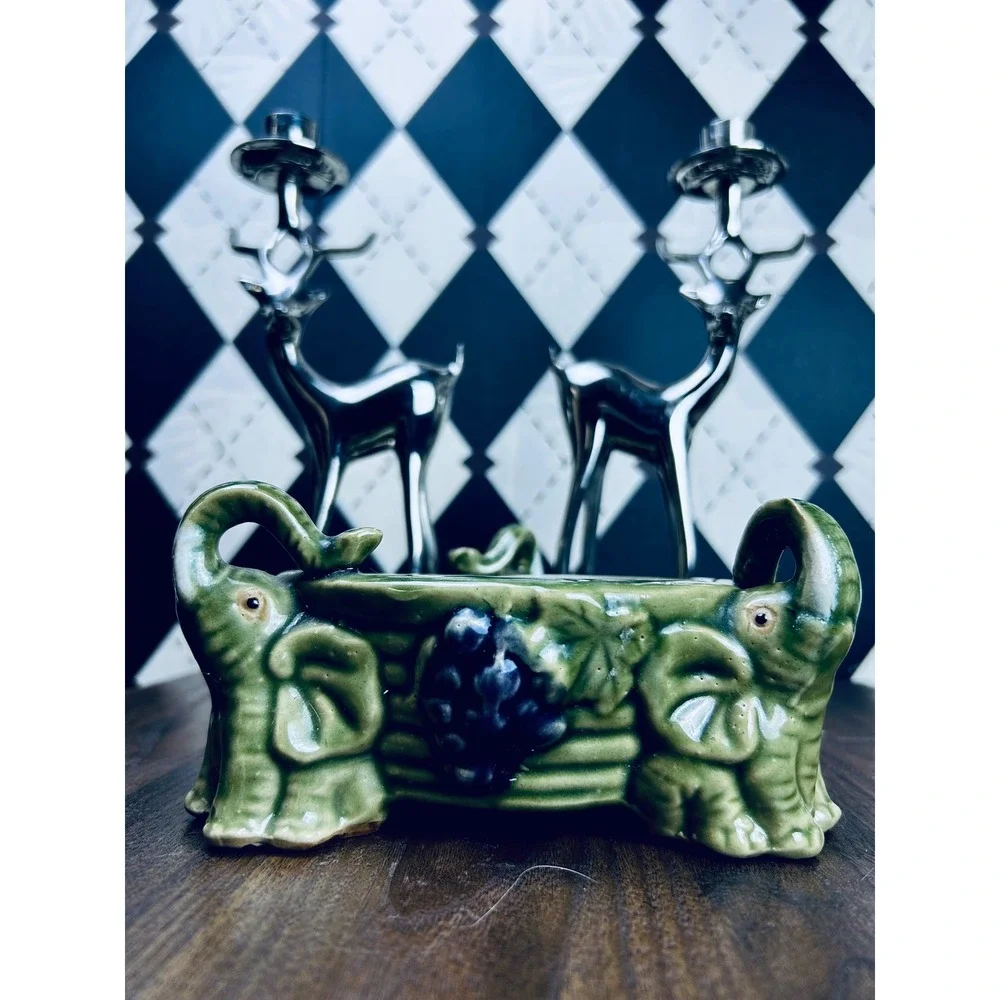 Vintage Elephant Candy Dish Green Ceramic Trinket Bowl Grape Relief Decor - Picture 5 of 17